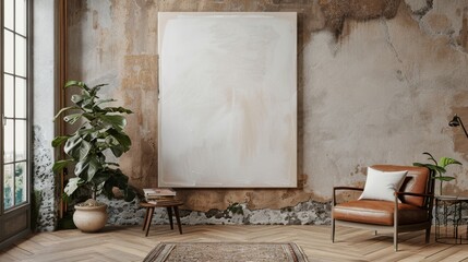 A room with a white wall and a brown chair