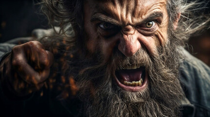 portrait of an angry man with a long beard and tousled hair - obrazy, fototapety, plakaty