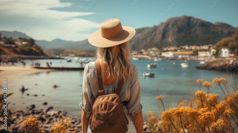 Wall mural b'A woman standing on a cliff overlooking the ocean'