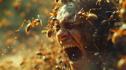 A lot of ants attacked a man who was screaming in pain Closeup