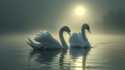 Two swans swimming on a lake at sunrise with fog in the background