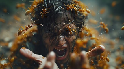 A lot of ants attacked a man who was screaming in pain Closeup