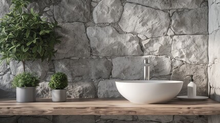 A bathroom with a white sink and a plant on the counter