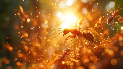Ants in the morning sun. Macro image