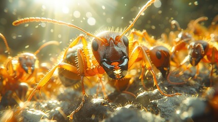 Ants in the morning sun. Macro image