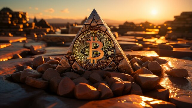 b'A golden Bitcoin pyramid in the desert at sunset'