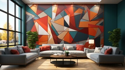 b'vibrant geometric shapes painting in living room'