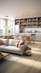 b'An illustration of a modern living room with a large bookshelf, dining table, and kitchen'