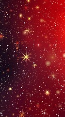 Red and gold glowing stars on a dark red background - obrazy, fototapety, plakaty