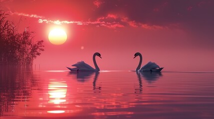 Two swans on a lake at sunset