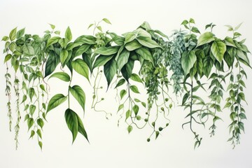 b'A beautiful illustration of a variety of green leaves and vines.' - obrazy, fototapety, plakaty
