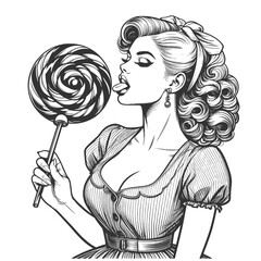 Pin-up girl woman eats swirl lollipop, evoking a sweet nostalgia sketch engraving generative ai fictional character vector illustration. Scratch board imitation. Black and white image. - obrazy, fototapety, plakaty
