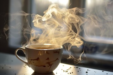 The steam rising from a cup of freshly brewed coffee, swirling and dissipating in the air - obrazy, fototapety, plakaty