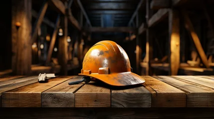 Fotobehang b'An orange hard hat sits on a wooden table in a dark room.' © duyina1990
