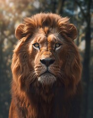 Fototapeta premium Close-up of a lion in front view revealing the animal's distinct features. Wild lion in calm and serene posture on a blurred dark forest background.
