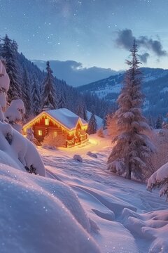 b'A wooden house in a snowy forest'