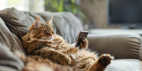 Maine Coon using smartphone on couch