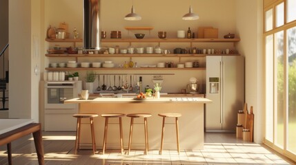 A kitchen with a wooden island and a countertop with a lot of plates and bowls. The kitchen is bright and sunny, with a lot of natural light coming in through the windows. The atmosphere is warm