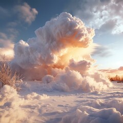 b'A large white cloud billows over a snowy landscape'