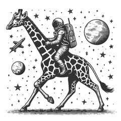 astronaut mounted on a giraffe against a backdrop of stars and planets sketch engraving generative ai fictional character vector illustration. Scratch board imitation. Black and white image.