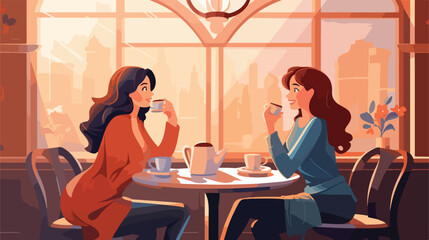 Two young women drinking coffee in the cafe restaur