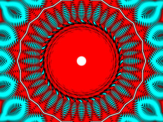 Vibrant red and turquoise patterns create an optical illusion of movement around a central white dot. Concentric circles with intricate details suggest a hypnotic or psychedelic effect.