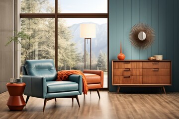 b'Blue leather chair with orange ottoman in living room with mountain view' - obrazy, fototapety, plakaty