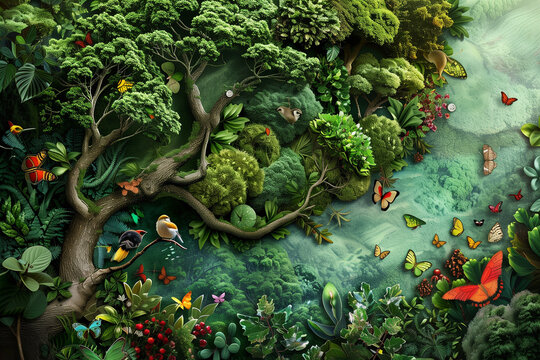 A painting of a forest with many different types of animals, including birds