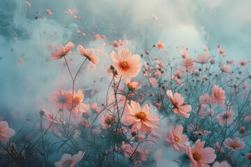 Field of pink cosmos flowers in the morning mist - obrazy, fototapety, plakaty
