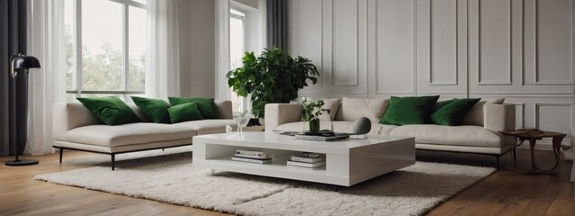 Sophisticated Simplicity, Living Room Interior featuring White Sofa, Green Throw Pillows, Modern Coffee Table, Floor Lamp, Indoor Plant, Rug on Wooden Floor, and White Wall