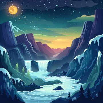 The moon shines over a beautiful landscape with a river running through it
