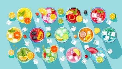 various colorful drinks with fruits and ice cubes in glass cups, arranged on the table in a top view Generative AI - obrazy, fototapety, plakaty