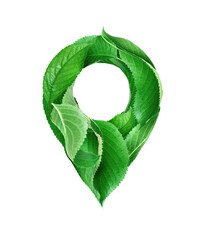 Location symbol made of green leaves isolated on a white background
