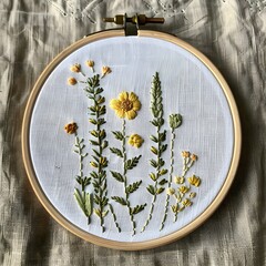 satin stitch embroidery in a round hoop, floral motifs, blue pink and yellow flowers