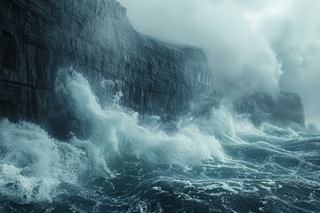 b'Large Sea Waves Crashing Against a Rocky Cliff' - obrazy, fototapety, plakaty