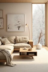 b'A cozy living room with a large window looking out onto a snowy forest'