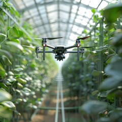 Flying drone in greenhouse inspecting crops