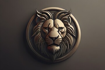 lion head on a wall logo design featuring a bold and fearless lion in a frontal pose, enclosed within a circular crest. The lion's intense gaze and proud demeanor radiate confidence, bravery, and dete - obrazy, fototapety, plakaty