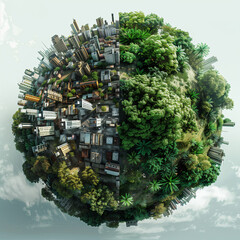 Global Sustainability, development. Planet Earth. Industrial vs Nature: Contrast of Urbanization and Forests; Concept of Environmental Balance. Carbon capture, green energy, pollution crisis - obrazy, fototapety, plakaty