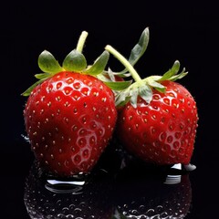 Strawberries on a black background with reflection. Studio shot.