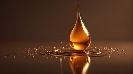 Close-up of glowing petrol engine oil droplet isolated dark background with copy space for fuel and energy sources. Abstract oil drop in liquid. 