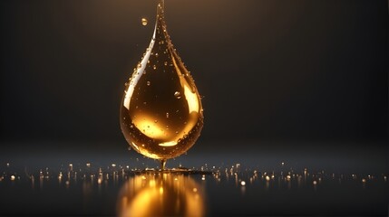 Close-up of glowing golden oil droplet isolated dark background with copy space for health, cosmetics, wellness, beauty, spa banner, poster, brochure, flyer or ad. Realistic  3D oil droplet 