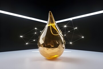 Close-up of golden oil droplet in low poly style design. Health, cosmetics, wellness, beauty, spa or fuel, energy oil banner, poster, brochure, flyer or ad. Realistic oil drop. 3D illustration