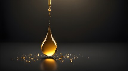 Close-up of glowing golden oil droplet isolated dark background with copy space for health, cosmetics, wellness, beauty, spa banner, poster, brochure, flyer or ad. Realistic  3D oil droplet 