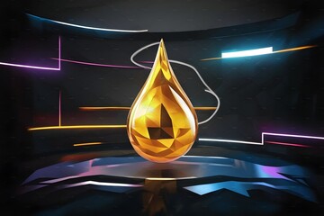 Close-up of golden oil droplet in low poly style design. Health, cosmetics, wellness, beauty, spa or fuel, energy oil banner, poster, brochure, flyer or ad. Realistic oil drop. 3D illustration