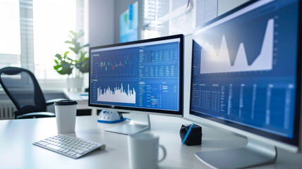 Fototapeta premium a blue and white themed office workplace with three desktop monitors, white coffee mug