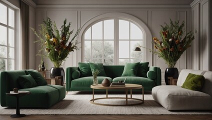 Stylish living room visualization showcasing modern furniture and a green arch adorned with dried flowers. Features a white sofa and armchair in a detailed render.