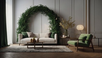 Stylish living room visualization showcasing modern furniture and a green arch adorned with dried flowers. Features a white sofa and armchair in a detailed render. - obrazy, fototapety, plakaty