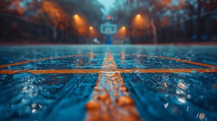 An empty outdoor basketball court soaked with rain, sports background - Powered by Adobe