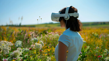 A woman wearing a white shirt and white headphones is standing in a field of flowers. The scene is peaceful and serene, with the woman looking out into the distance